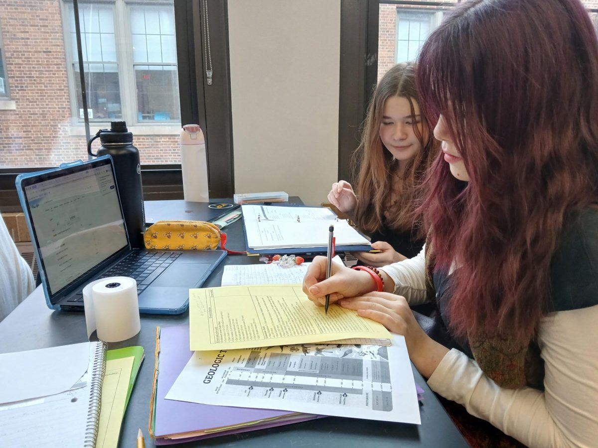 Azalea VanderElzen and Molly Frake study together in Fos II first block. VanderElzen and Frake were working on a Geologic timeline project. "This timline project is really cool because we get to be creative and learn about early Earth," VanderElzen said. "Right now I am learning about when Earth had its mass extinctions."