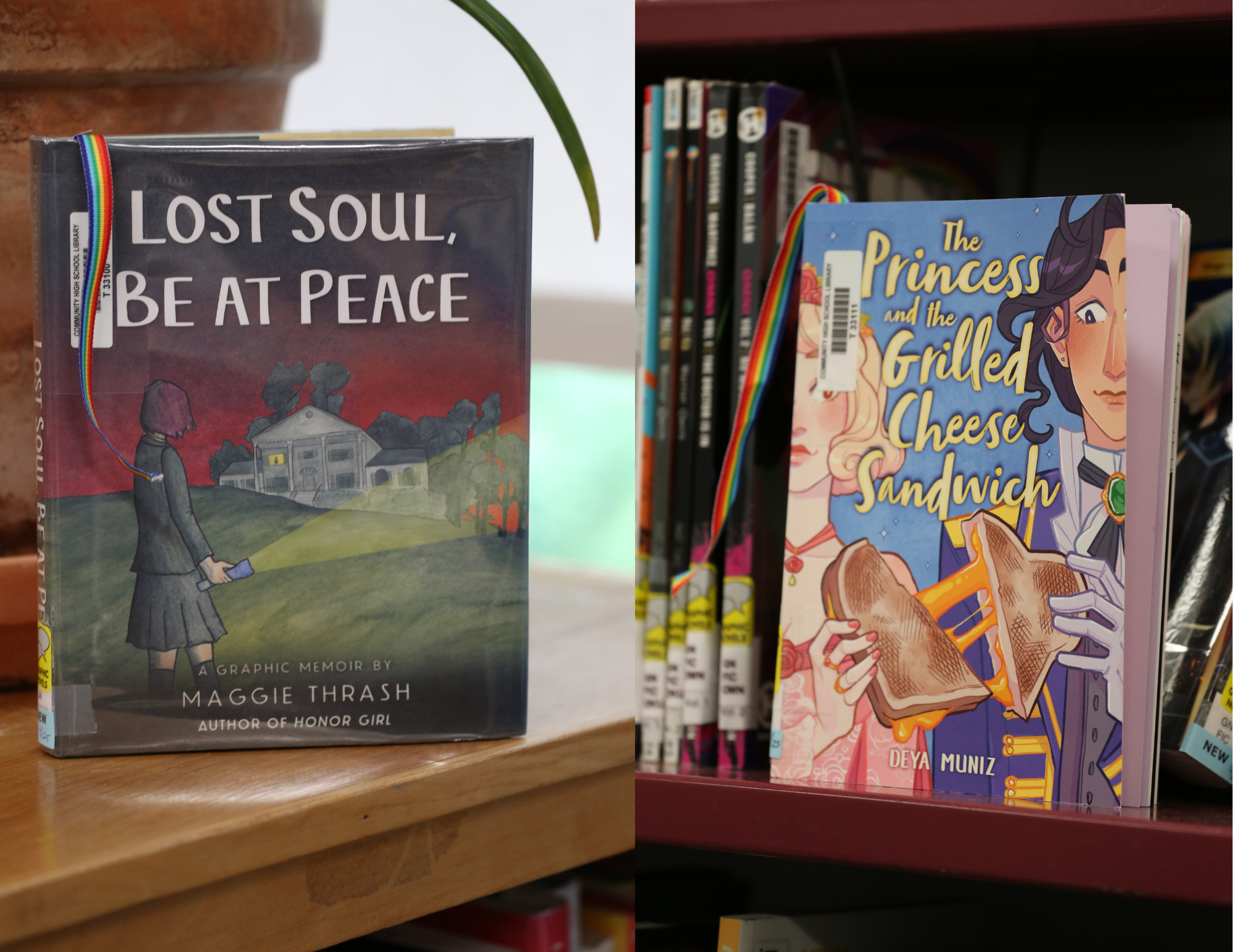 "The Princess and the Grilled Cheese Sandwich" and "Lost Soul, Be at Peace" photographed in the CHS library.