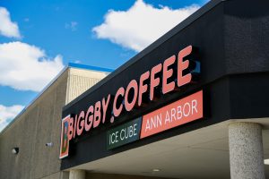 Front sign of the Biggby Coffee Ice Cube in Ann Arbor.