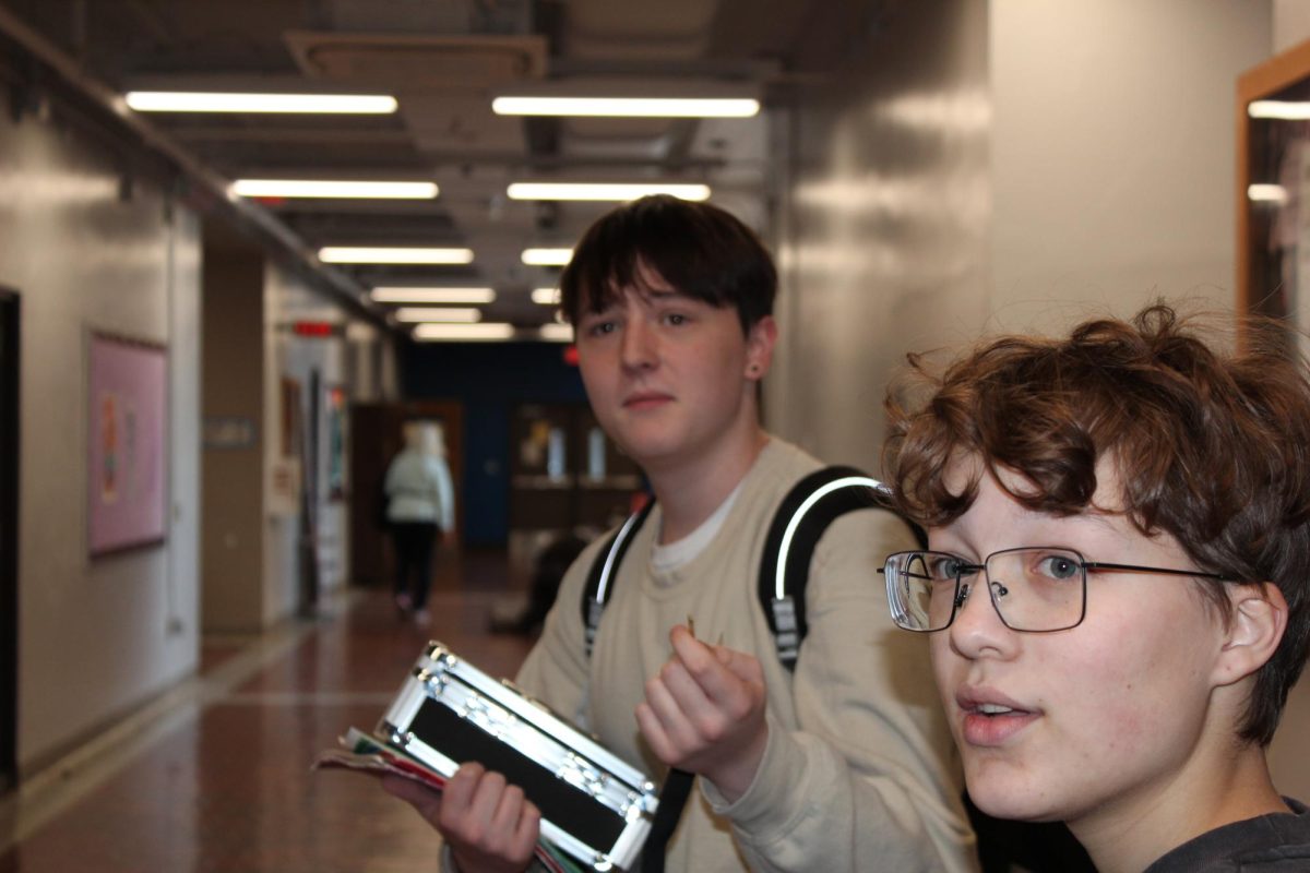 Jameson Grice and Miriam Haviland at the start of lunch went to the craft theater to grab the box so they could sell tickets for the upcoming CET production, Fahrenheit 51. The past few days at lunch someone from CET has been selling tickets to their production at lunch, as the excitement builds to see how CET will do Fahrenheit 51. "This might be our last day selling tickets," Grice said. "We have already sold tickets on the third floor during lunch this week everyday but Friday."