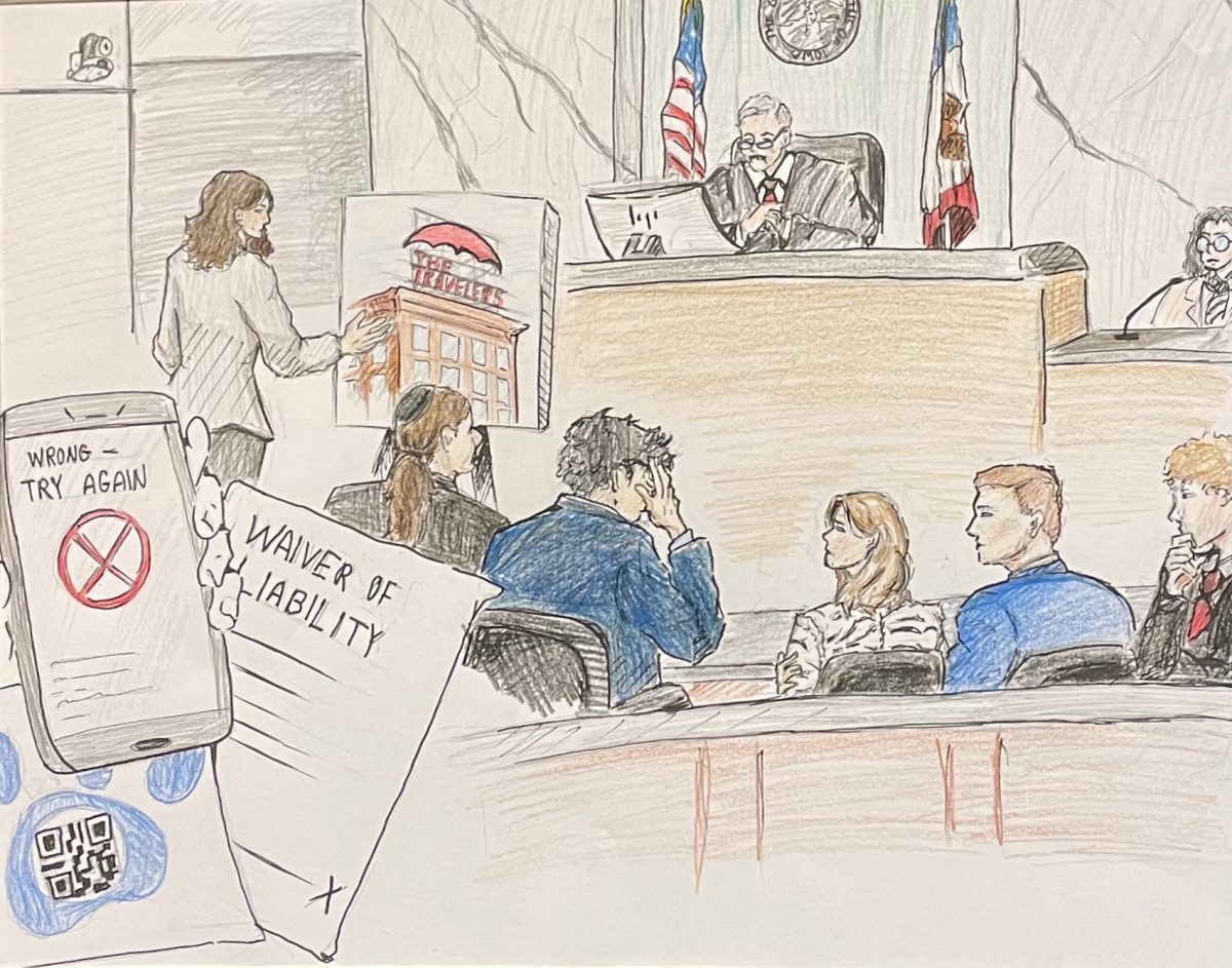 Art courtesy of Bahiya Saidali. 
A courtroom drawing of CHSMT by Bahiya Saidali from Kalamazoo Central High School. The image features, from left to right, Willow Rosenfeld, Dylan Goldman, Eli Feng, Evelyn Stansfield, Noah Lauring and Walker Ledbetter, with Kaylee Gadepalli on the stand.